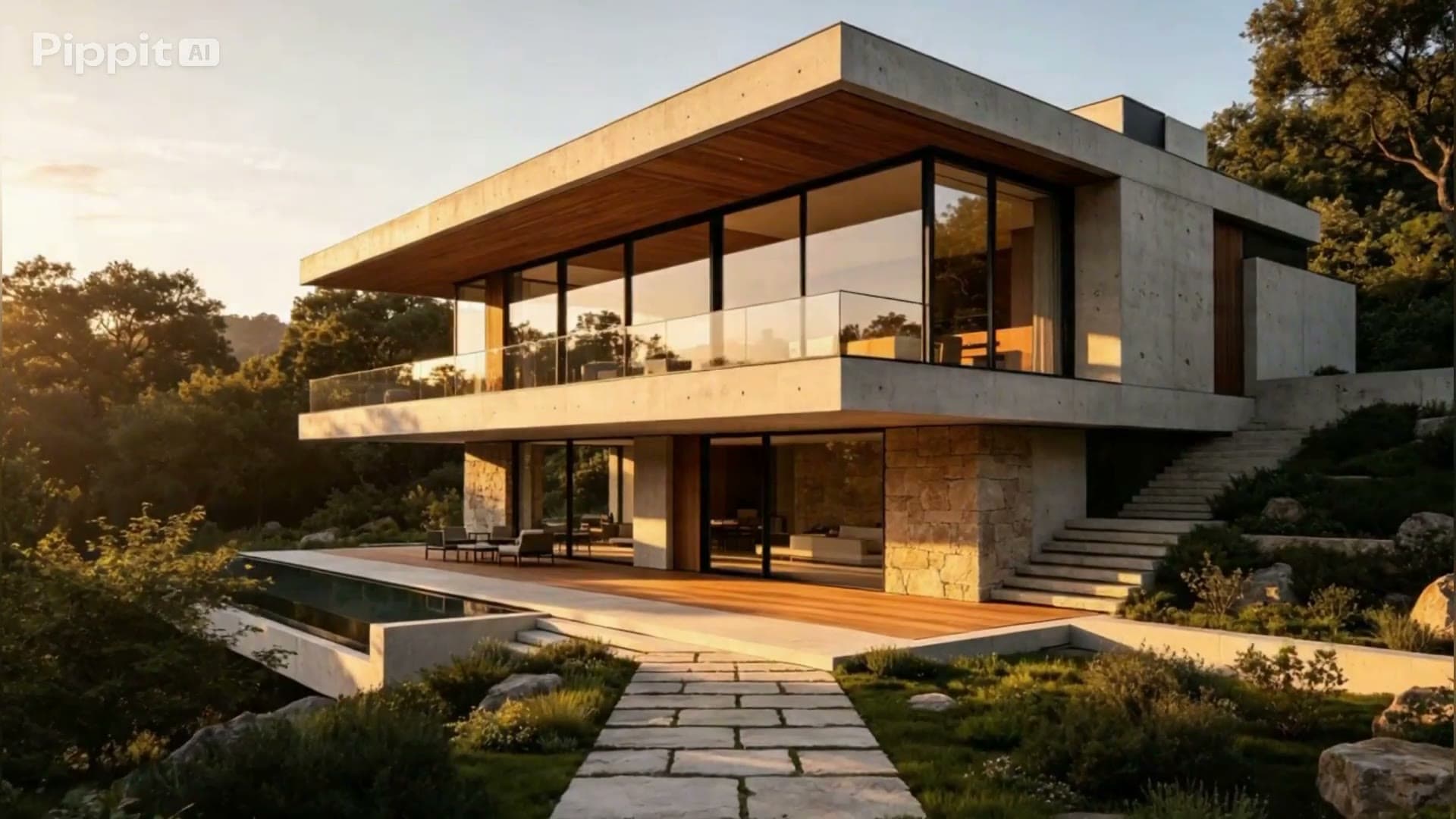 Villa exterior showing concrete, timber, and glass architecture