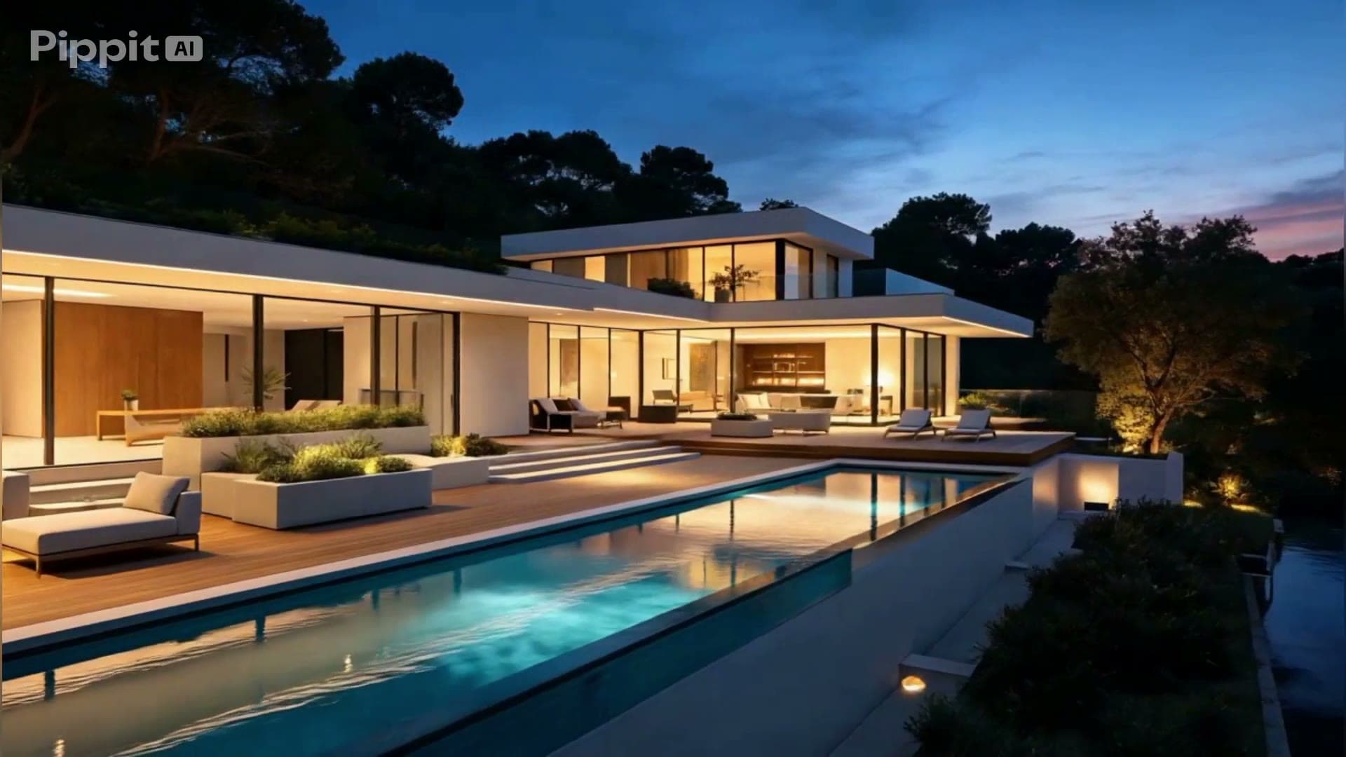 The villa and infinity pool at blue hour