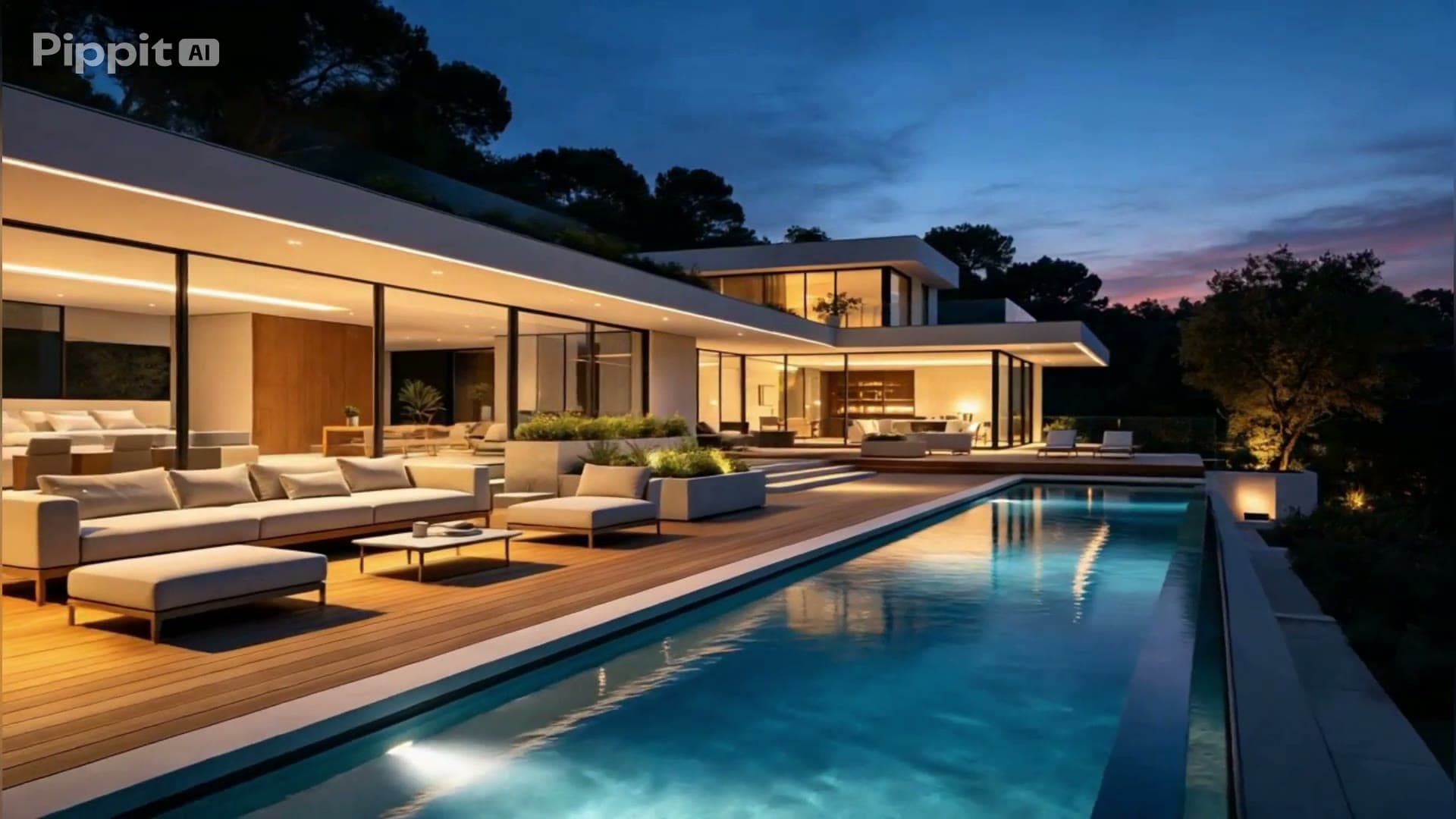 Villa and pool illuminated at blue hour