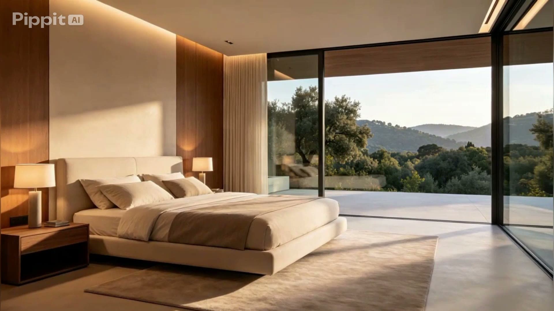 Bedroom opening onto a private terrace at golden hour